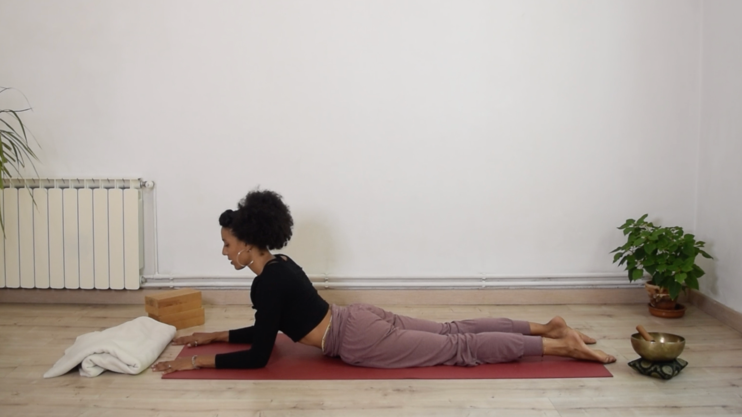 Yoga instructor Laia Bové lying on her stomach and propped up on her forearms in Sphinx Pose.